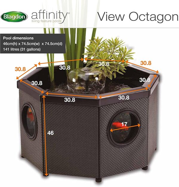 Blagdon Affinity View Fontaine octogonale pour terrasse, Piscine, Bassin avec Pompe filtrante Inpond 5 en 1 2000 et Spot LED, 3 têtes de Fontaine attrayantes, 1 Panier de Plantation – Petite Taille,