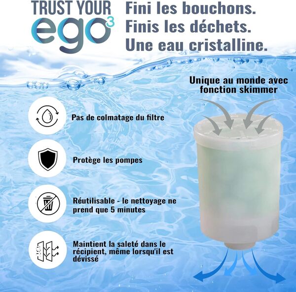 EGO3 Filtre pour Spa 1 1/2 Pouce Filetage Fin + 10 recharges annuelles – remplace filtres à Cartouche – 300g de balles filtrantes – Filtre fabriqué en UE (2 récipient + 300g de balles)