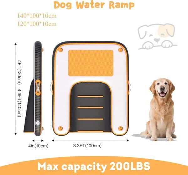 ALIFUN Rampe gonflable flottante pour chien, quai d'eau pour piscine, bateau, échelle flottante antidérapante en EVA pour chien jusqu'à 100 kg, orange 140 cm de long