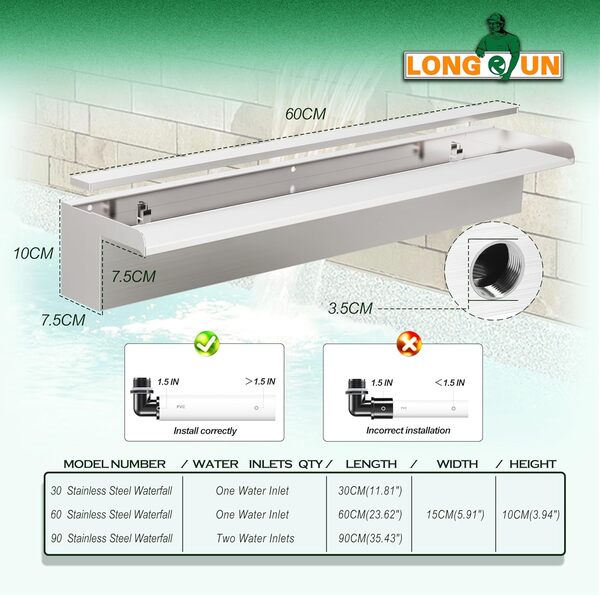 LONGRUN Kit de Lames Cascade de Bassin de 60 cm, Cascade en Acier Inoxydable 304, Fontaine de Piscine extérieure avec lumières LED 7 Couleurs et télécommande, Largeur 15 cm