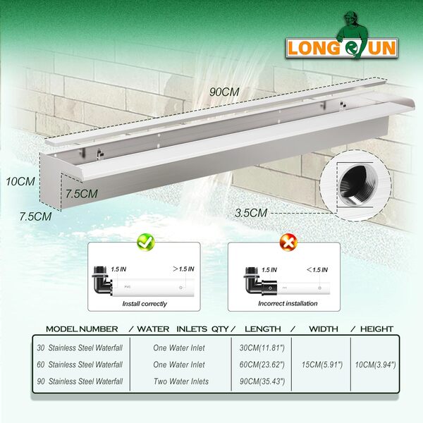 LONGRUN Kit de lames de cascade de bassin de 90 cm, cascade en acier inoxydable 304, fontaine de piscine extérieure avec lumières LED 7 couleurs et télécommande, largeur 15 cm