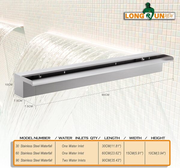 Fontaine De Piscine, Cascade Bassin Exterieur en Acier Inoxydable, Lame D’Eau, Fontaine Exterieur avec Accessoires pour La Décoration D'étang, Patio,Jardin (Long 90cm, Largeur 15cm)