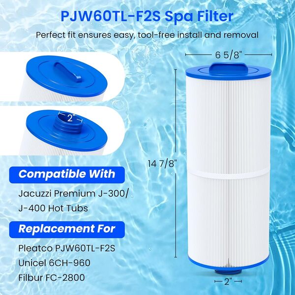 Future Way PJW60TL-F2S Lot de 2 filtres de rechange pour jacuzzi J-300, J-400, remplace Pleatco PJW60TL-F2S, Unicel 6CH-960, Filbur FC-2800, 6540-476, 6540-383, filtre de spa, 60 m²