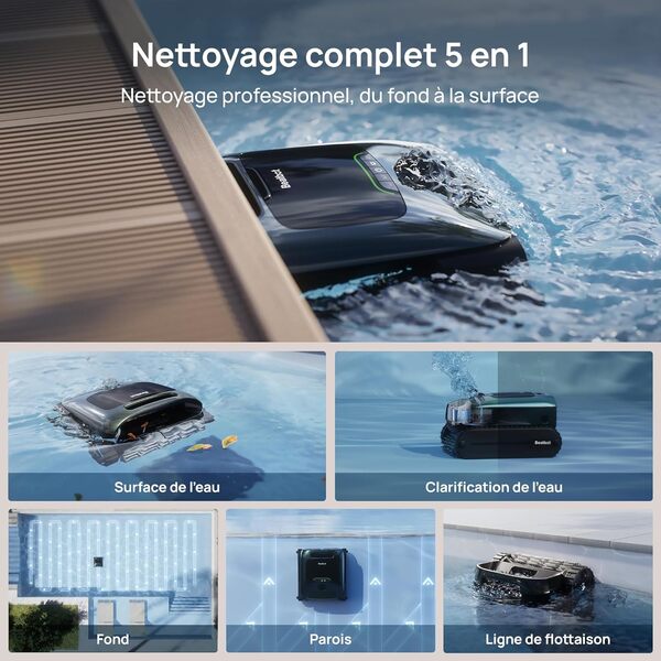 Beatbot AquaSense 2 Pro Robot de Piscine sans Fil, nettoie Fond, parois et Surface, clarifie l'eau, stationnement en Surface, Navigation Intelligente, jusqu'à 11 Heures, pour piscines jusqu'à 360 m²