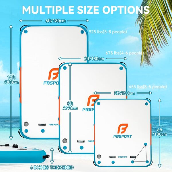 FBSPORT Station d'accueil flottante gonflable de 1,8 m/2,4 m/3 m avec surface antidérapante, construction en PVC de 15,2 cm d'épaisseur, plate-forme flottante pour piscine, plage, océan