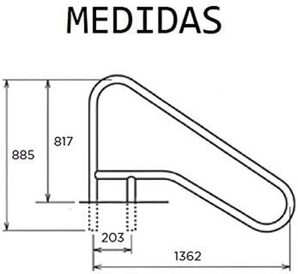 Rambarde de descente de piscine FX L.1362 mm - Acier inoxydable, AISI 316, deux points de soutien avec renfort interne incliné, un escalier platine + vis + chevilles + garnitures