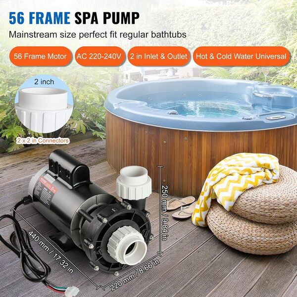 VEVOR Pompe de Spa à 2 Vitesses, Cadre 56, Pompe pour Bain à Remous, Haute Vitesse 1900 W Débit 43 m³/h 18 m ou Basse Vitesse 450 W Débit 21,5 m³/h 4,4 m, Interface Rotative à 90° avec 2 Ports 5 cm