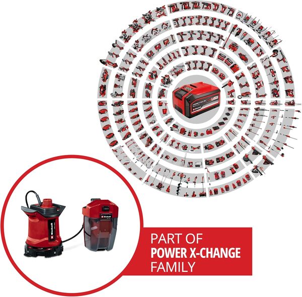 Einhell Pompe pour eaux chargées sans fil GE-DP 18/25 LL Li-Solo Power X-Change (18 V, débit de 7 000 L/h, aspiration à plat, hauteur de pompage de 5 m, modes ÉCO et BOOST, vendue sans batterie)