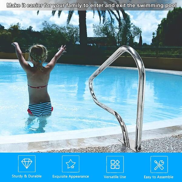 Rampe de piscine pour piscines creusées Main courante de piscine 304SS avec couvercle bleu antidérapant Garde-corps de piscine avec base de montage rapide