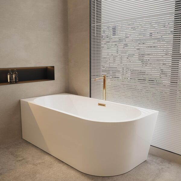 Baignoire d'Angle Autoportante AVOLA - Acrylique avec Structure en Acier - 6 Pieds Stabilisateurs - Trop-plein et Bouchon Clic-Clac - Design Moderne - gauche - Cuivre - 170x80cm