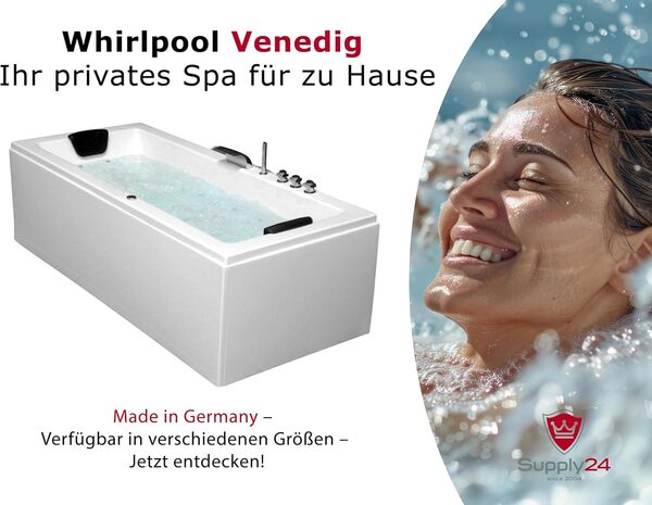WHIRLPOOL Baignoire Venise MADE IN GERMANY droite ou gauche 150/160/170 x 75 cm avec 6 Jets de massage + avec installations ronde droits / GAUCHE Baignoire d'angle