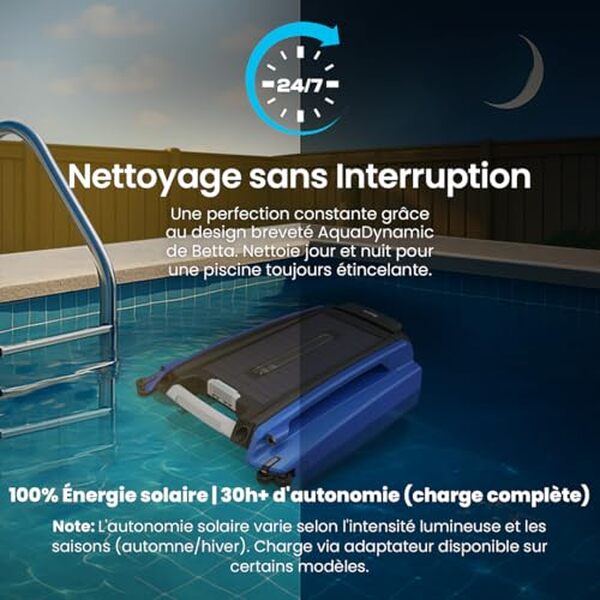 Découvrez le nettoyeur de piscine solaire Betta SE avec batterie 30 heures : performance, autonomie et économies d'énergie pour une piscine impeccable toute l'année.