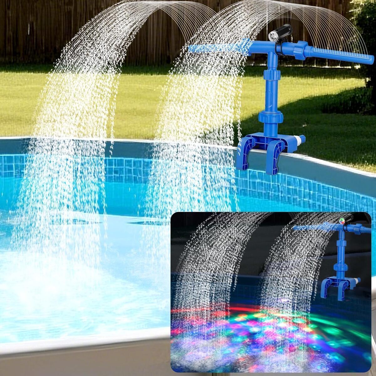 Test fontaine piscine à lumière cascade 360°